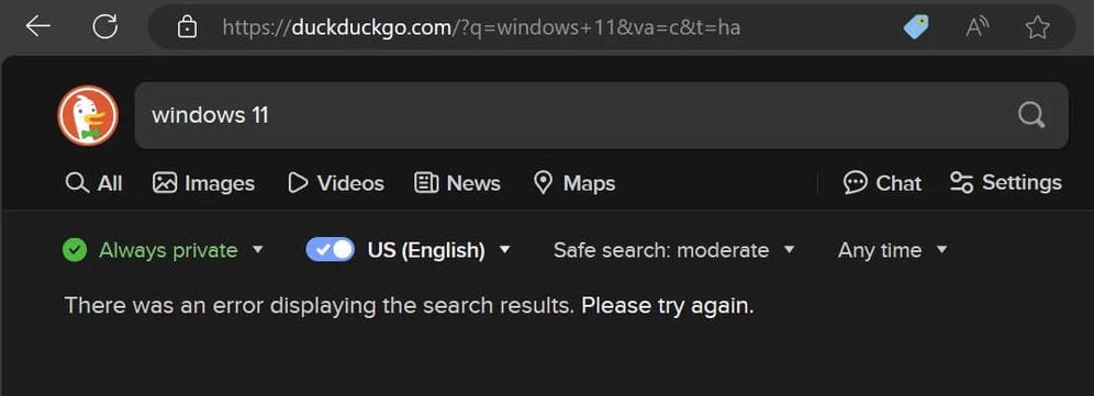 Duckduckgo sitesi hata veriyor